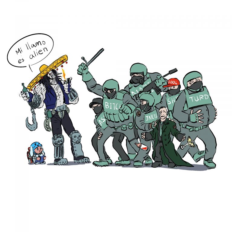 DC's Lobo (an Alien bounty hunter) standing between child and the ICE goons that seek to harm him. He's saying "Me llamo es Alien".
