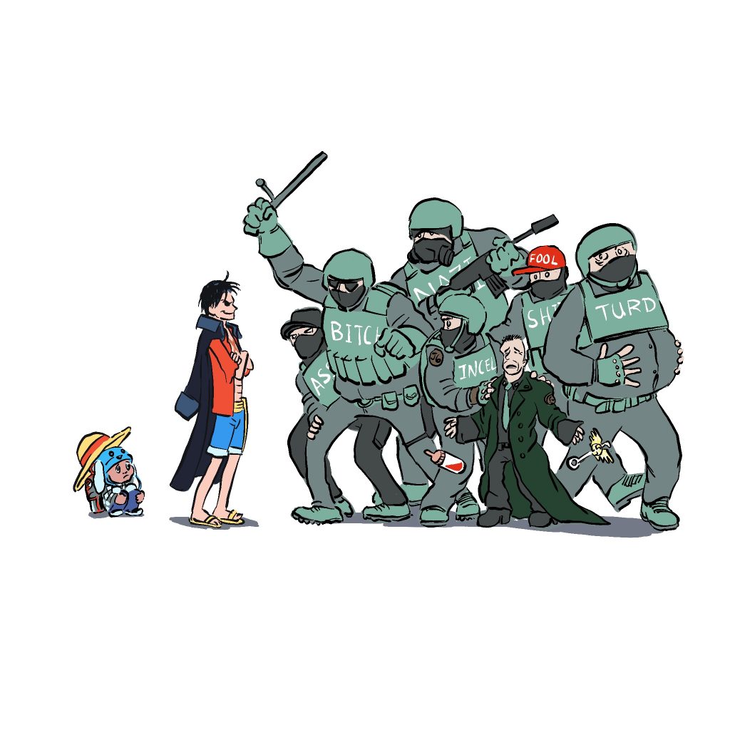 Pirate Luffy standing between child and the ICE goons that seek to harm him.