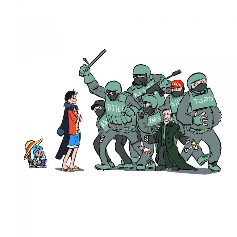 Pirate Luffy standing between child and the ICE goons that seek to harm him.
