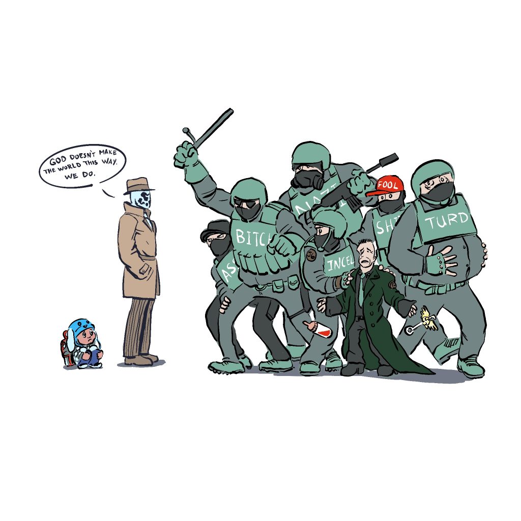 Rorshack standing between child and the ICE goons that seek to harm him.
(Rorshack is saying "God doesn't make the world this way. We do.")