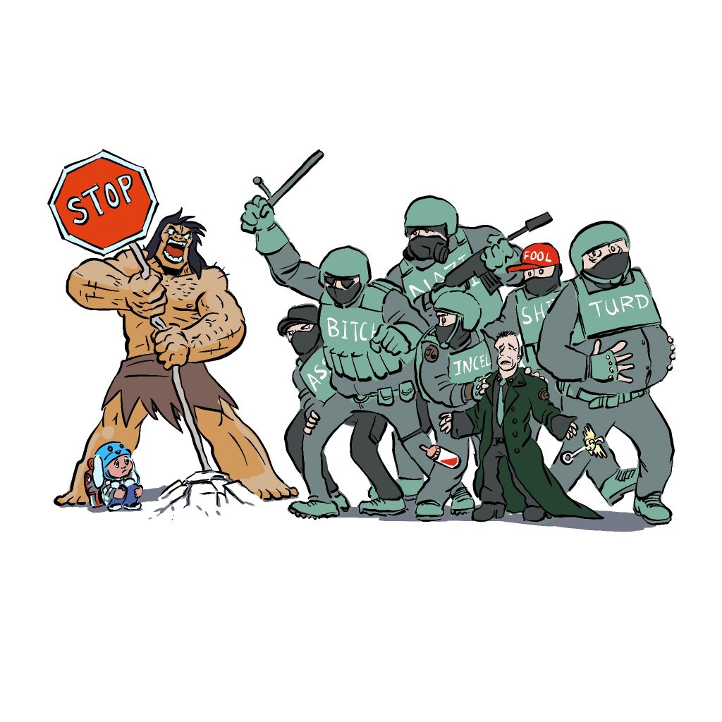 The caveman Spear from Primal standing between child and the ICE goons that seek to harm him.

He's ripping a stop sign from the ground to use for his "work".